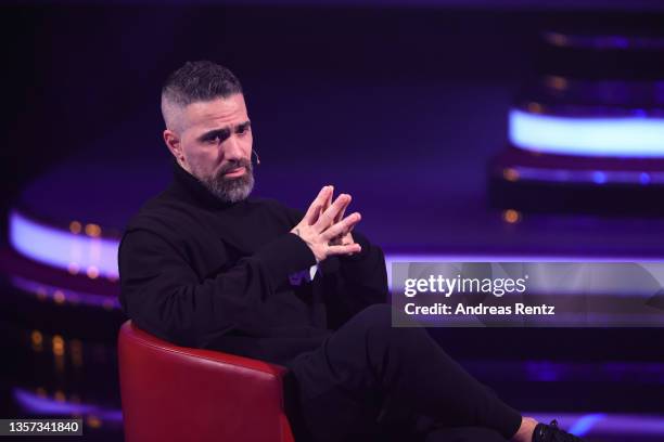 Bushido speaks on stage during the tv show "2021! Menschen, Bilder, Emotionen! - Der grosse RTL Jahresrückblick" on December 05, 2021 in Huerth,...
