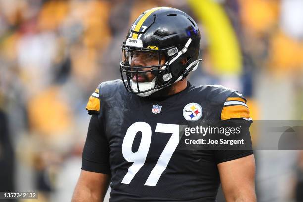 Cameron Heyward of the Pittsburgh Steelers warms up prior to the game against the Baltimore Ravens at Heinz Field on December 05, 2021 in Pittsburgh,...