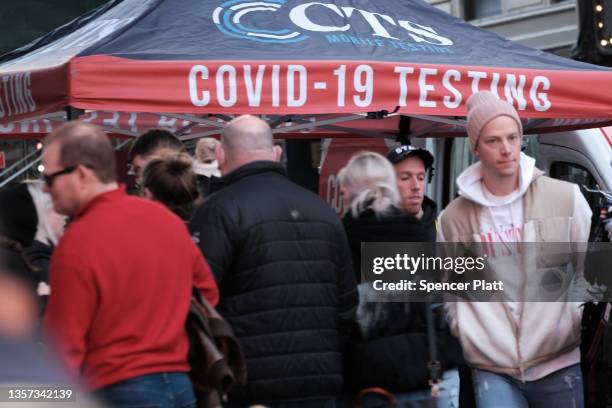 Groups of people line-up to get tested for Covid-19 in Times Square on December 05, 2021 in New York City. With the newly discovered omicron strain...