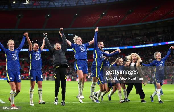 Chelsea celebrate victory during the Vitality Women's FA Cup Final between Arsenal FC and Chelsea FC at Wembley Stadium on December 05, 2021 in...