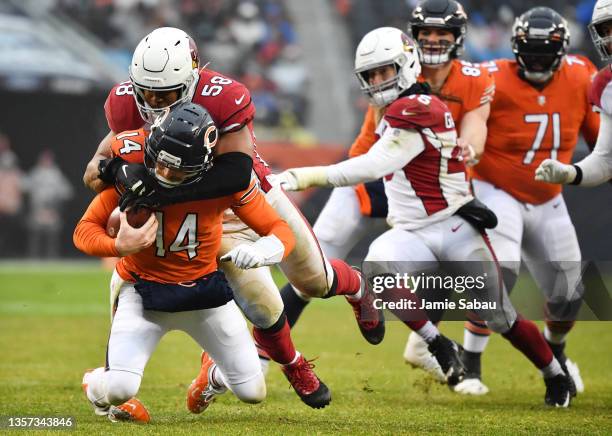 Jordan Hicks of the Arizona Cardinals sacks Andy Dalton of the Chicago Bears during the second half at Soldier Field on December 05, 2021 in Chicago,...