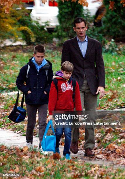 Duke of Palma Inaki Urdangarin is seen bringing his eldest son Juan Valentin Urdangarin and Pablo Nicolas Urdangarin to the bus stop to go to school...