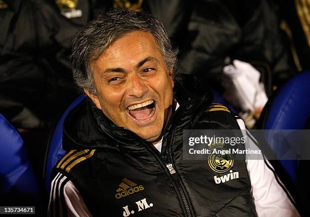 Head coach Jose Mourinho of Real Madrid smiles before of the round of last 16 Copa del Rey first leg match between Ponferradina and Real Madrid at...