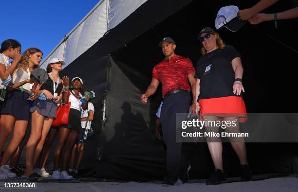 Tiger Woods of the United States looks on during the trophy ceremony after the final round of the Hero World Challenge at Albany Golf Course on...