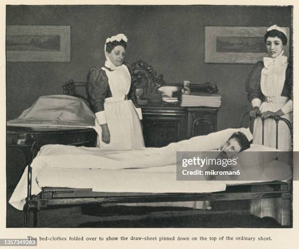 old engraved illustration of the arrangement of the sick-bed - patient history stock pictures, royalty-free photos & images