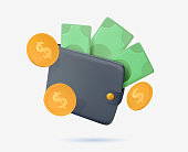 Money wallet with green paper dollars and gold coins. Realistic 3d design in cartoon. Business financial investments