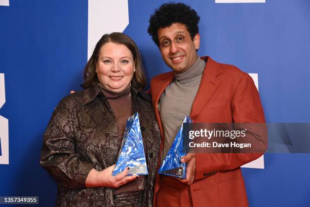 Joanna Scanlon with her award for Best Actress for After Love and Adeel Akhtar with his award for Best Actor for Ali & Ava in the Winners room at the...