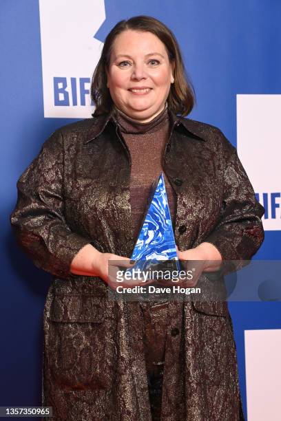 Joanna Scanlan poses with the award for Best Actress for After Love in the Winners room at the 24th British Independent Film Awards at Old...