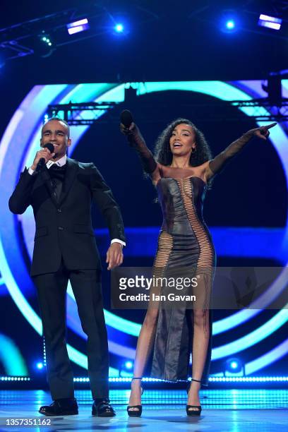 Hosts Munya Chawawa and Leigh-Anne Pinnock onstage at the MOBO Awards 2021 at The Coventry Building Society Arena on December 05, 2021 in Coventry,...