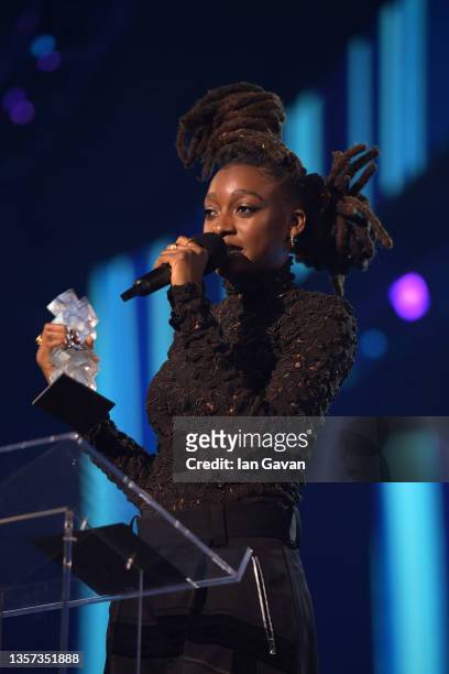 Little Simz wins the 'Best Female Act' award at the MOBO Awards 2021 at The Coventry Building Society Arena on December 05, 2021 in Coventry, England.