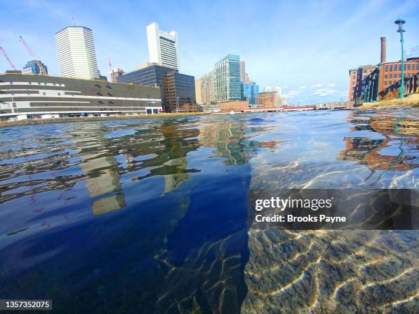 perigean spring tide breeches seawall in boston's seaport district - sea level bildbanksfoton och bilder