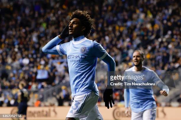 Talles Magno of New York City FC celebrates after scoring the match-winning goal during the second half against Philadelphia Union during the MLS...