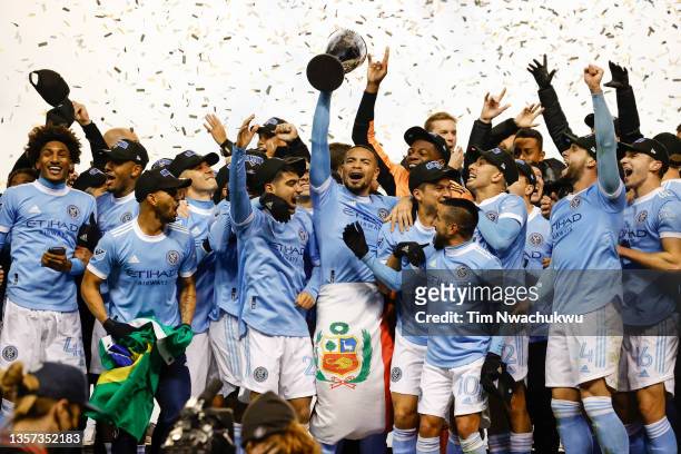 New York City FC celebrate after defeating Philadelphia Union during the MLS Eastern Conference Final at Subaru Park on December 05, 2021 in Chester,...
