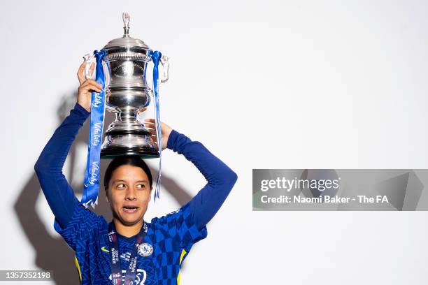 Sam Kerr of Chelsea poses for a photo with the Vitality Women's FA Cup Trophy after their sides victory during the Vitality Women's FA Cup Final...