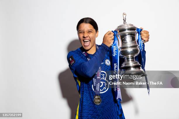 Sam Kerr of Chelsea poses for a photo with the Vitality Women's FA Cup Trophy after their sides victory during the Vitality Women's FA Cup Final...