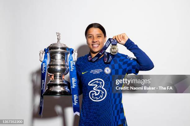 Sam Kerr of Chelsea poses for a photo with the Vitality Women's FA Cup Trophy after their sides victory during the Vitality Women's FA Cup Final...