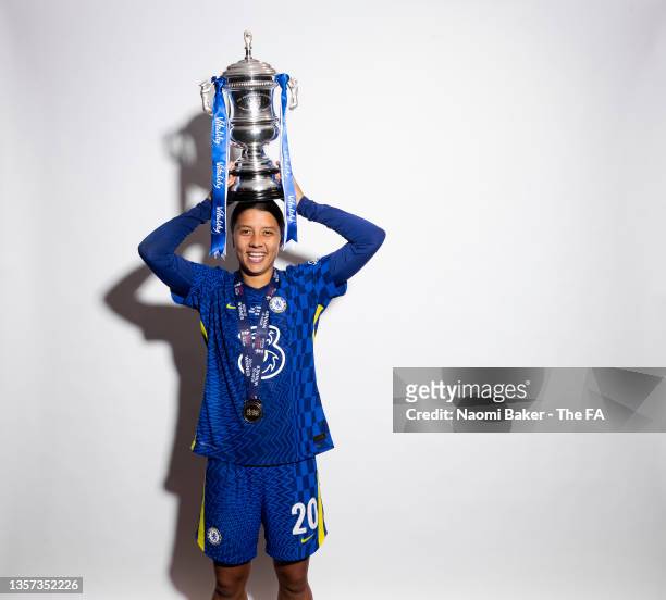 Sam Kerr of Chelsea poses for a photo with the Vitality Women's FA Cup Trophy after their sides victory during the Vitality Women's FA Cup Final...