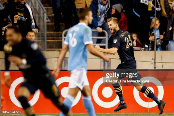 Kacper Przybylko of Philadelphia Union celebrates after scoring during the second half against the New York City FC during the MLS Eastern Conference...