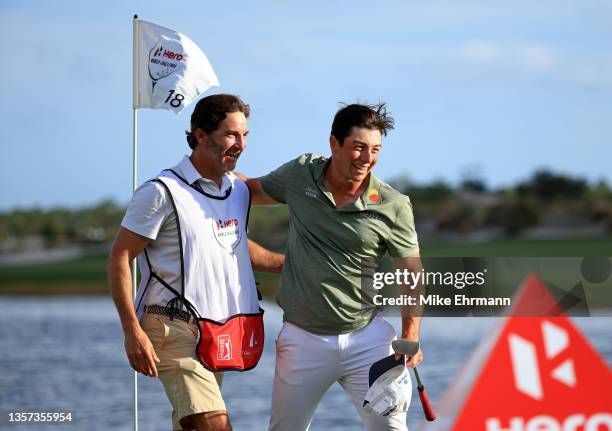 Viktor Hovland of Norway poses celebrates after winning the Hero World Challenge at Albany Golf Course on December 05, 2021 in Nassau, .
