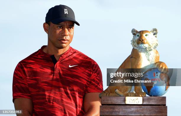 Tiger Woods of the United States looks on during the trophy ceremony after the final round of the Hero World Challenge at Albany Golf Course on...