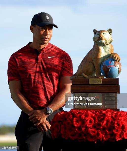 Tiger Woods of the United States looks on during the trophy ceremony after the final round of the Hero World Challenge at Albany Golf Course on...