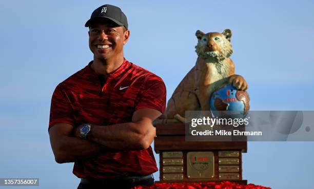 Tiger Woods of the United States looks on during the trophy ceremony after the final round of the Hero World Challenge at Albany Golf Course on...