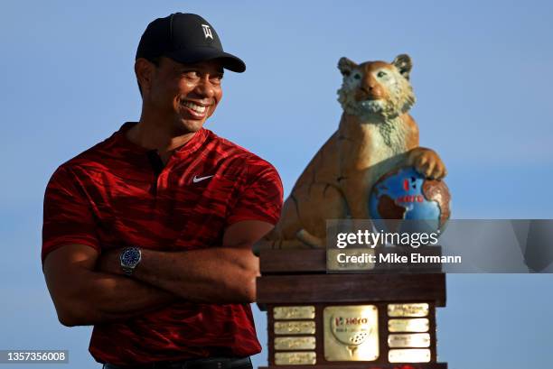 Tiger Woods of the United States looks on during the trophy ceremony after the final round of the Hero World Challenge at Albany Golf Course on...