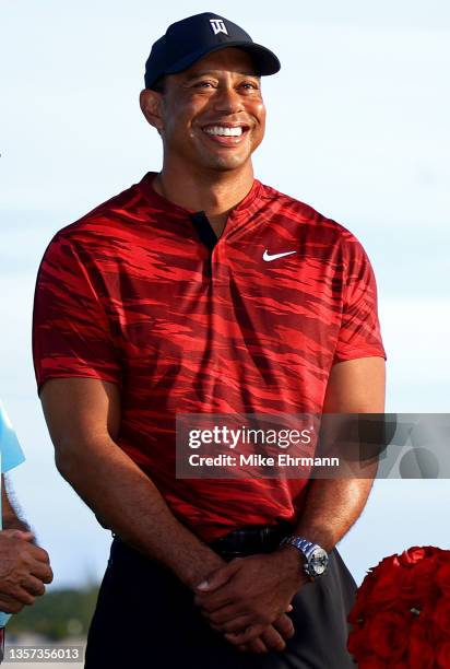 Tiger Woods of the United States looks on during the trophy ceremony after the final round of the Hero World Challenge at Albany Golf Course on...