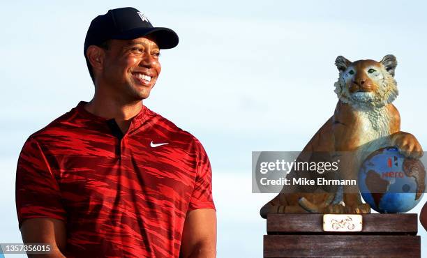 Tiger Woods of the United States looks on during the trophy ceremony after the final round of the Hero World Challenge at Albany Golf Course on...