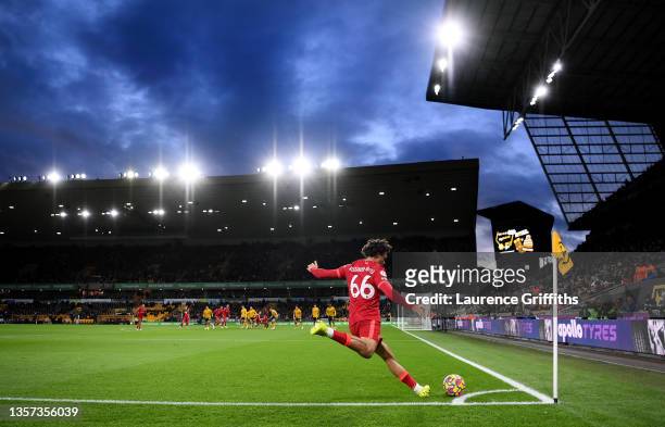 Trent Alexander-Arnold of Liverpool takes a corner kick during the Premier League match between Wolverhampton Wanderers and Liverpool at Molineux on...