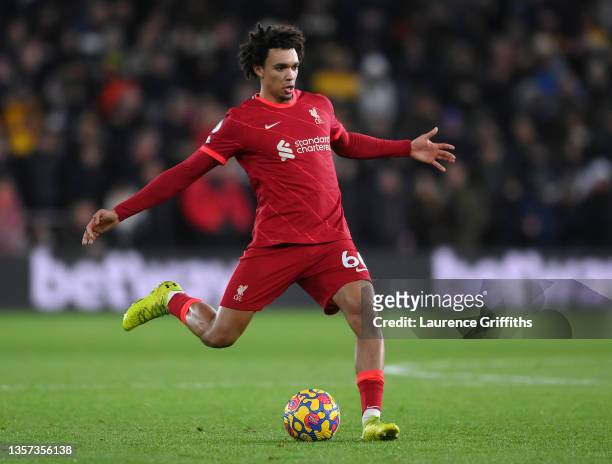 Trent Alexander-Arnold of Liverpool passes the ball during the Premier League match between Wolverhampton Wanderers and Liverpool at Molineux on...