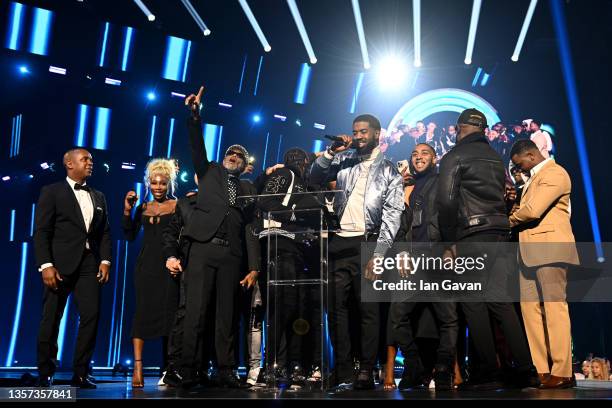 Tion Wayne speaks as he wins the ‘Song of the Year’ award with Russ Millions at the MOBO Awards 2021 at The Coventry Building Society Arena on...