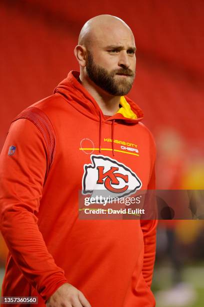 Guard Kyle Long of the Kansas City Chiefs looks on before a game against the Denver Broncos at Arrowhead Stadium on December 05, 2021 in Kansas City,...