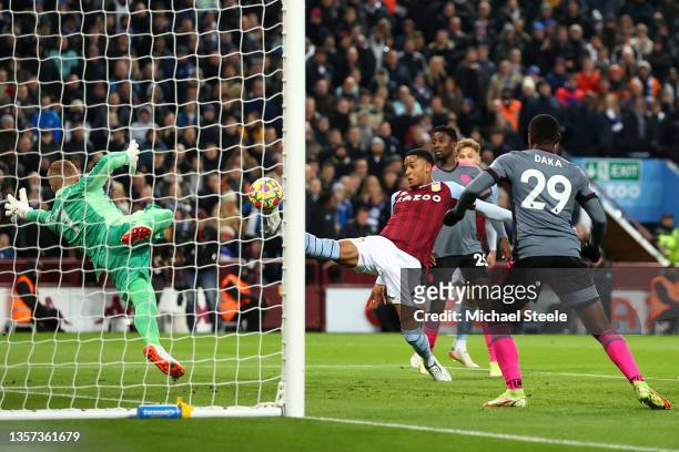 Ezri Konsa of Aston Villa scores his sides equalising goal during the Premier League match between Aston Villa and Leicester City at Villa Park on...