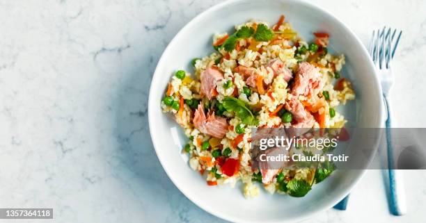 bowl of fried rice with vegetables and salmon on white background - vegetable fried rice stock-fotos und bilder