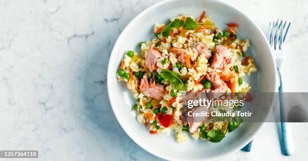 bowl of fried rice with vegetables and salmon on white background - rice plate stock pictures, royalty-free photos & images