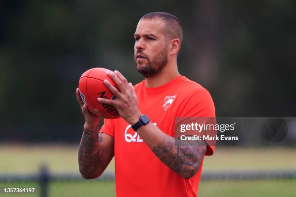 Lance Franklin of the Swans looks on during a Sydney Swans AFL training session at Lakeside Oval on December 06, 2021 in Sydney, Australia.