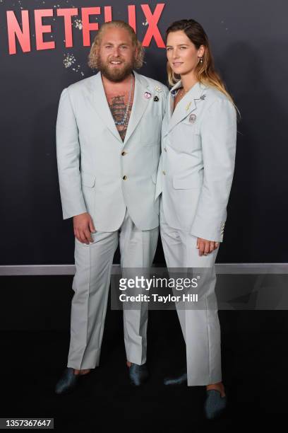 Jonah Hill and Sarah Brady attend the world premiere of Netflix's "Don't Look Up" at Jazz at Lincoln Center on December 05, 2021 in New York City.