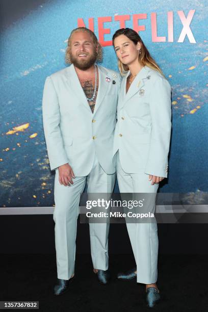 Jonah Hill and Sarah Brady attend the world premiere of Netflix's "Don't Look Up" on December 05, 2021 in New York City.