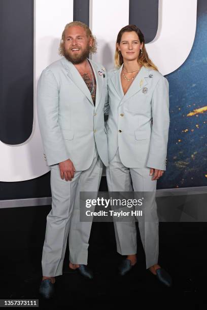 Jonah Hill and Sarah Brady attend the world premierof Netflix's "Don't Look Up" at Jazz at Lincoln Center on December 05, 2021 in New York City.