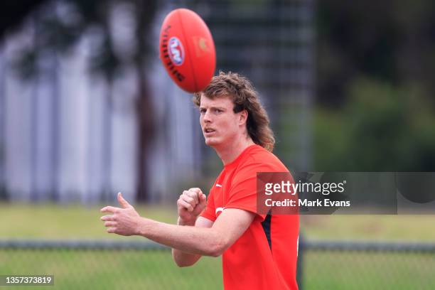 Nick Blakey of the Swans looks on during a Sydney Swans AFL training session at Lakeside Oval on December 06, 2021 in Sydney, Australia.
