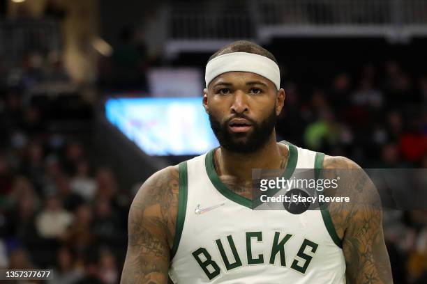 DeMarcus Cousins of the Milwaukee Bucks waits for a free throw during a game against the Miami Heat at Fiserv Forum on December 04, 2021 in...