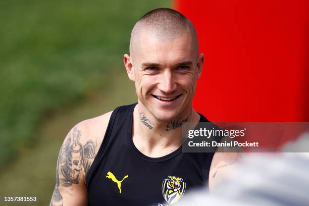 Dustin Martin of the Tigers in action during a Richmond Tigers AFL training session at Punt Road Oval on December 06, 2021 in Melbourne, Australia.