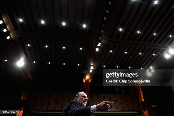 Former MF Global Chairman and CEO Jon Corzine testifies before the Senate Agriculture, Nutrition and Forestry Committee about the demise and...