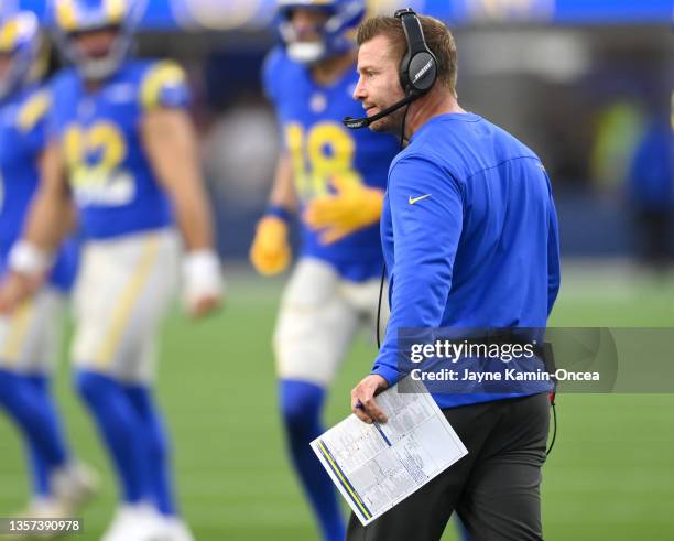 Head coach Sean McVay of the Los Angeles Rams looks on from the sideline during the game against the Jacksonville Jaguars at SoFi Stadium on December...