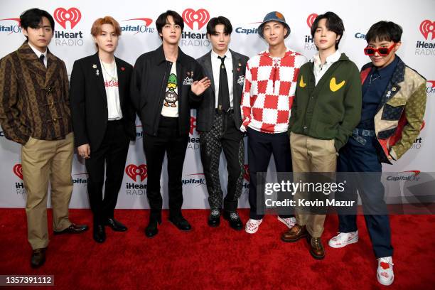 Suga, Jin, Jungkook, RM, Jimin, and J-Hope of BTS attends iHeartRadio 102.7 KIIS FM's Jingle Ball 2021 presented by Capital One at The Forum on...