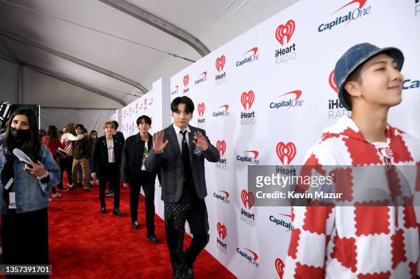 Suga, Jin, Jungkook, and RM of BTS attend iHeartRadio 102.7 KIIS FM's Jingle Ball 2021 presented by Capital One at The Forum on December 03, 2021 in...