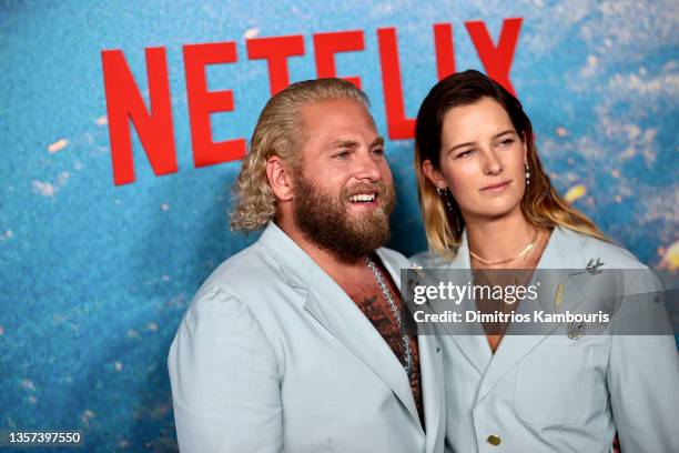 Jonah Hill and Sarah Brady attend the "Don't Look Up" World Premiere at Jazz at Lincoln Center on December 05, 2021 in New York City.