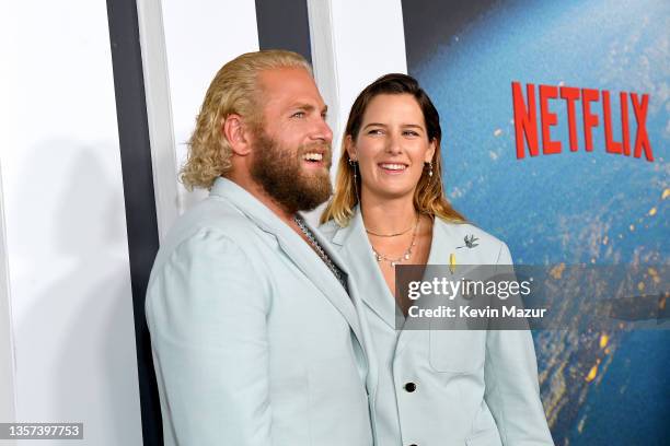 Jonah Hill and Sarah Brady attend the "Don't Look Up" World Premiere at Jazz at Lincoln Center on December 05, 2021 in New York City.