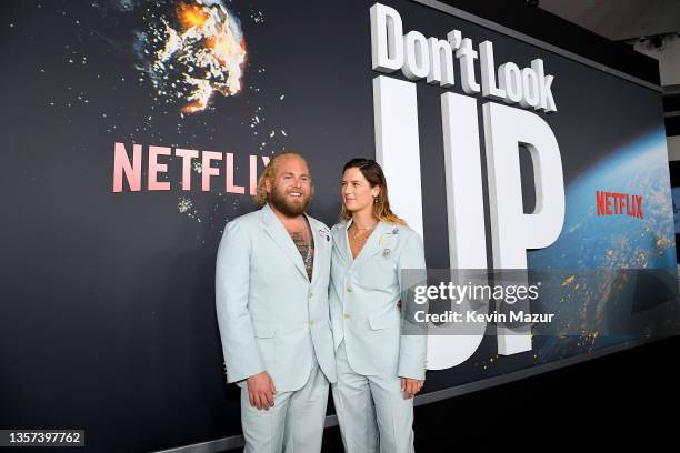 Jonah Hill and Sarah Brady attend the "Don't Look Up" World Premiere at Jazz at Lincoln Center on December 05, 2021 in New York City.